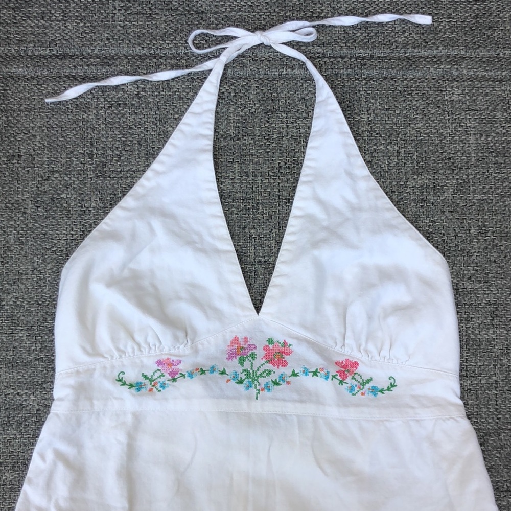Roxy white halter dress with cross-stitched flowers
